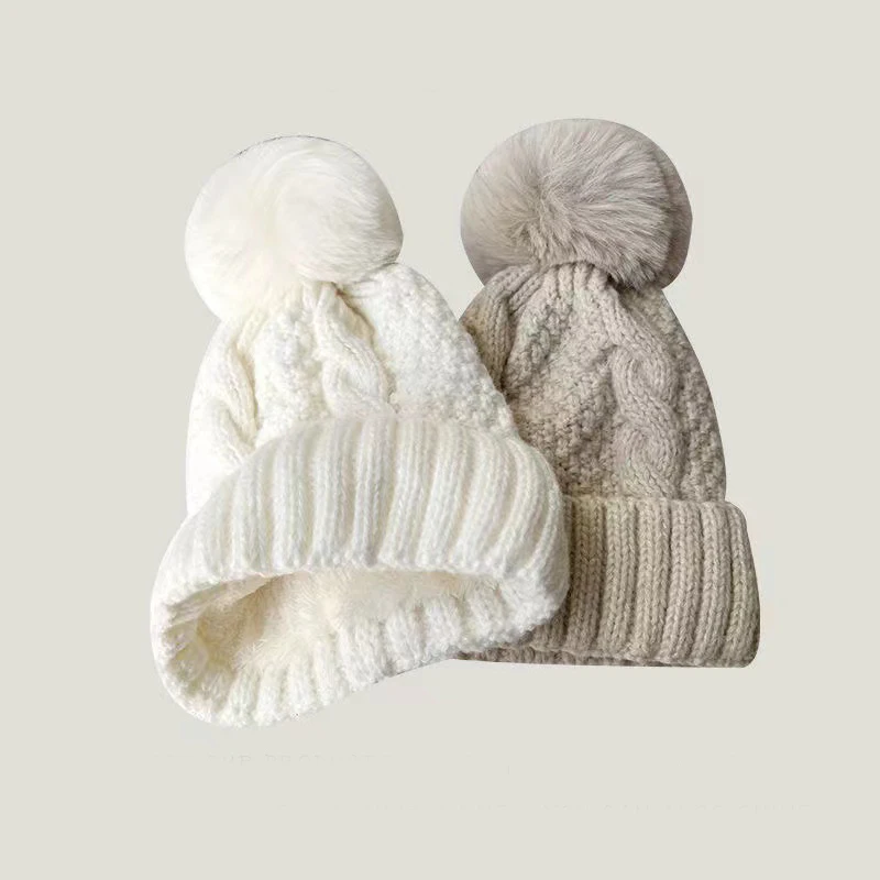New Winter Twist Knitting Hat For Women Fur Pompom Thick Plush Cap Beanie Solid - £10.85 GBP