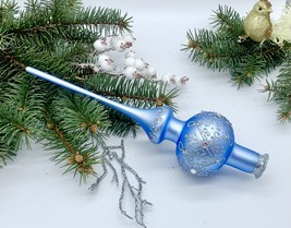 Light Blue Christmas glass tree topper with silver glitter, Christmas fi... - $18.29