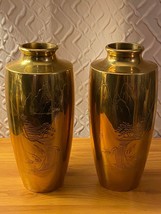 Vintage Set of Japanese Hand Etched Asian Brass Vases  - $67.32