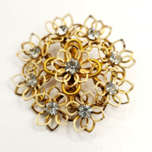 Vintage Kramer Brooch Flower Dimensional Enamel Clear Stones Jewelry Gold Tone - £13.42 GBP