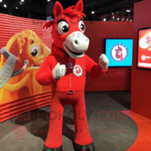 Red Horseshoe mascot costume character dressed with a Graphic Tee and Lapel pins - $1,269.00