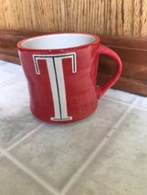 ANTHROPOLOGIE Letter T Coffee Mug Coral Monogram Initial Handpainted Cup 12oz - £20.72 GBP