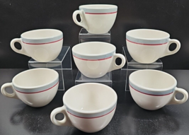 7 Syracuse China Red Gray Bands Flat Cups Set Vintage Restaurant Ware Di... - $46.40