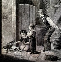 Chick Children Feeding Chickens Steel Engraving 1859 Victorian Farmhouse DWY5C - £55.04 GBP