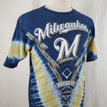 Majestic Milwaukee Brewers Tie Dye T-Shirt Large Blue Crew Neck Cotton Baseball - £25.49 GBP