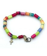 Vintage Child&#39;s Bracelet Multi Color Tube Beads Sterling Silver Cross 5.5&quot; - $27.72