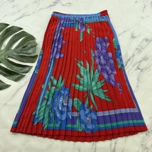 Womens Vintage Accordion Pleat Midi Skirt Size M Red Blue Floral Pull On - £21.01 GBP