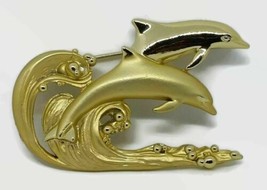 Dolphin Ocean Wave Matte Shiny Gold Tone Brooch American Jewelry Company AJC - £14.60 GBP
