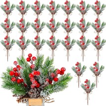 24 Pcs Christmas Floral Pine Cones For Crafts White Red Berry Stems, Red Colors - £25.38 GBP