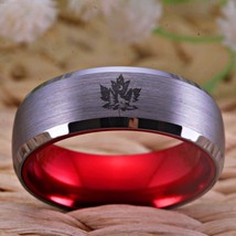 Silver/Red, Tungsten Carbide, Howling Wolf / Canadian Maple Leaf Theme - Unisex - £32.15 GBP