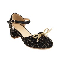 Women Classic Lolita Sandals Sweet Lace Round Toe Bows Buckle Med Heeled Girls M - £56.16 GBP