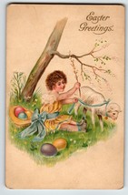 Easter Postcard Curly Haired Girl Lamp Sheep Painted Eggs Douglass Germany - £11.10 GBP