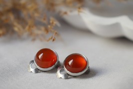 Red agate small clip on earrings, Silver gemstone earrings, Women red stone non  - £25.16 GBP