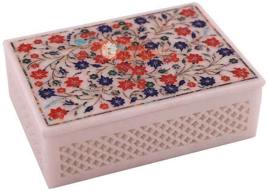 6"x4"x2" Marble White Jewelry Storage Box Lapis Marqutery Fine Floral Art Gifts Item image 2