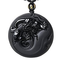 Natural Obsidian Stone Dragon Charm Good Luck Wish Pendant Necklace - £19.61 GBP