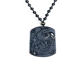 Natural Obsidian Stone Hand Carved Phoenix Charm Good Luck Pendant Beaded Nec... - £25.43 GBP