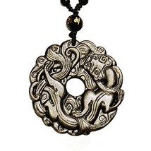 Natural Gold Obsidian Stone Hand Carved Dragon Charm Good Luck Round Pendant ... - £34.72 GBP