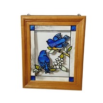 Stained Glass Framed Window Panel Hanging Decor Blue Birds Floral Spring Nature - £35.23 GBP
