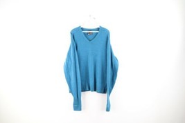 Vintage 70s Rockabilly Mens Large Blank Lambswool Knit V-Neck Sweater Blue USA - £47.44 GBP