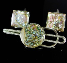 Victorian abalone Cuff links fancy etched sterling silver Tie clip money clip we - £123.90 GBP