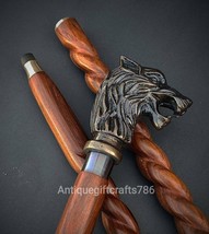 Antique Wolf Head Handle Wooden Cane Walking Stick Vintage Handmade Design Gift - £27.33 GBP