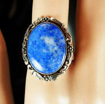 Vintage Sterling Lapis Signed Ring Heavy modernist design Size 9 1/2 4th 5th 9th - £99.36 GBP