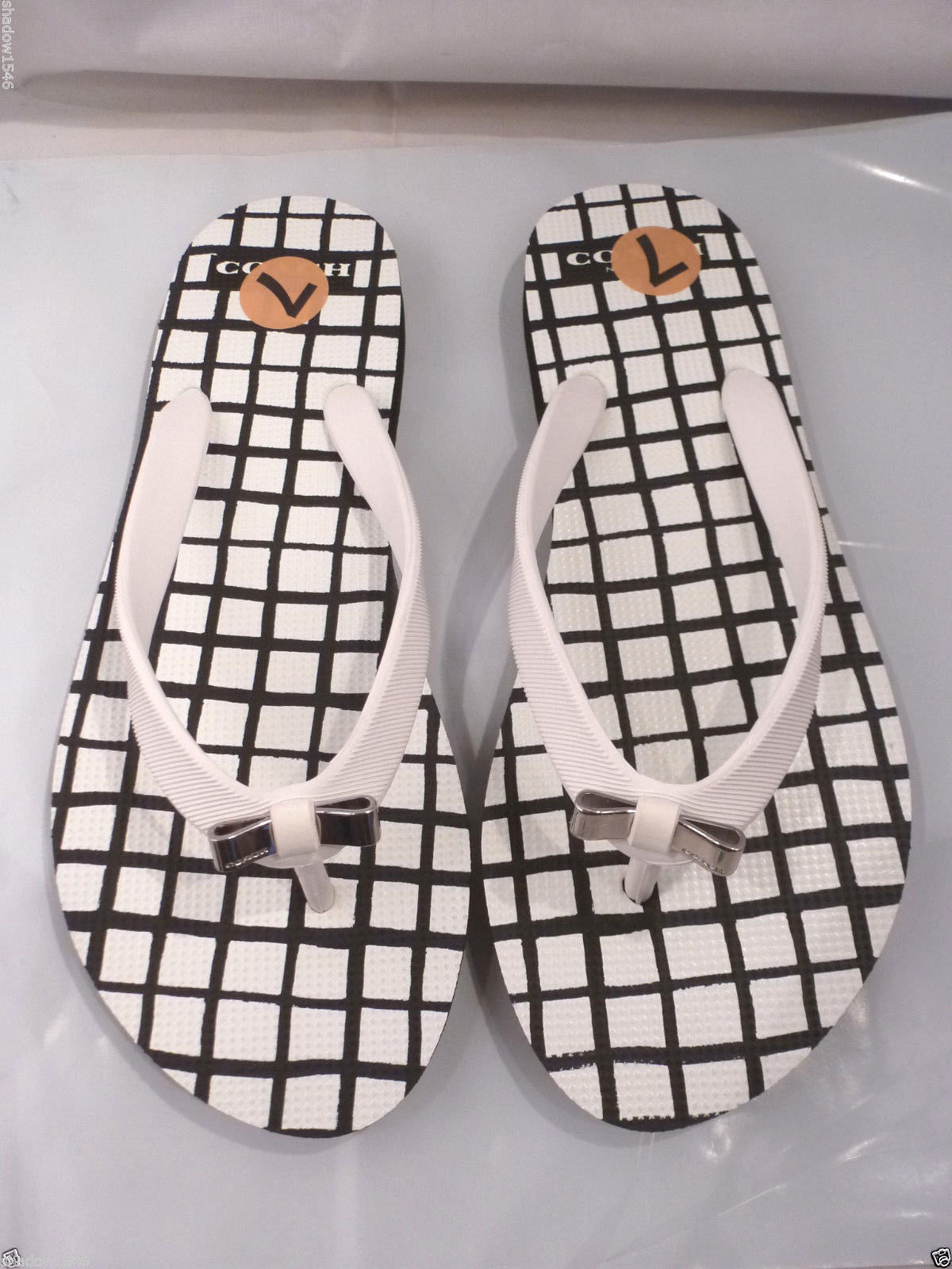 NEW COACH Flip Flops, Sandals, Gingham AMEL Silver Bow WOMEN US SIZE: 7M... - $55.00