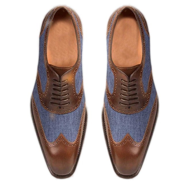 NEW Handmade Men's Brown Leather Blue Denim Shoes, Men Lace Up Wing Tip Formal S