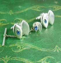 Blue Cufflinks *  vintage Tie Clip Set * wedding jewelry * Designer Cuff links * - £98.29 GBP