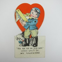 Vintage Valentine Card Mechanical Boy Pilot &amp; Puppy Dog Toy Biplane Moves Heart - £23.42 GBP