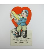 Vintage Valentine Card Mechanical Boy Pilot &amp; Puppy Dog Toy Biplane Move... - £23.59 GBP