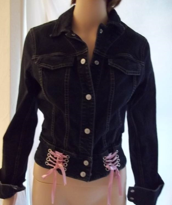 Allen B. Dark Wash Denim Jean Jacket -Black w/Pink Laces-Junior Girls&#39;Si... - $24.99