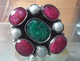Handmade .925 Sterling Silver Emerald Ruby Pearl Ring Sz 8 - Free Shipping ! - £36.76 GBP