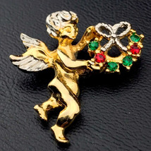 Angel Christmas Wreath Pin Jeweled Gold Tone Vintage Marked Gold Crown Inc - $10.00