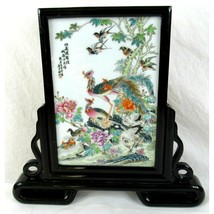 Vintage Chinese Painted Table Screen Birds 13.5&quot; Asian Famille Ceramic Tile - £116.55 GBP