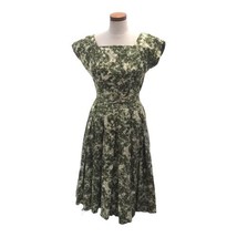 Vintage 1950s Women&#39;s Green Cream Floral Fit N Flare Party Dress Size 36... - £47.24 GBP