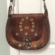 Vintage Handmade Hippy Cowhide Leather Hand Tooled Floral Purse Crossbod... - $173.25