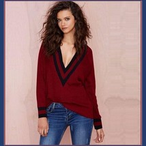 Loose Long Sleeved Knitted Pullover Striped Edge V Neckline Maroon Sweater image 1
