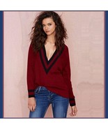 Loose Long Sleeved Knitted Pullover Striped Edge V Neckline Maroon Sweater - £44.16 GBP