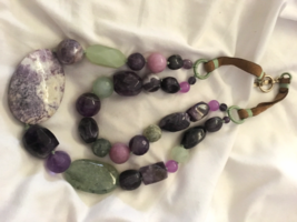 Designer Necklace with Jade, leather and other Colored Stones - $249.00