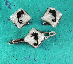 Vintage Seahorse Cufflinks Tie Clip Set Good Luck Silver set Confetti Lucite Dom - £147.85 GBP