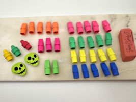 Pencil Top Erasers Lot Teacher Reward Box Novelty Skull Crayon Erasers P... - $13.85