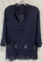 Massimo Dutti Blue Blouse Casual Tunic Lace Hem Lightweight Cotton Summer US 6 - £19.68 GBP
