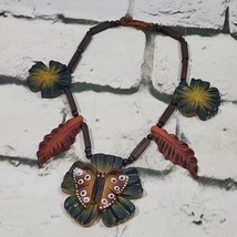 Wooden Carved Necklace Tropical Butterfly Leaves Flower - £46.60 GBP