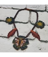 Wooden Carved Necklace Tropical Butterfly Leaves Flower - £46.51 GBP