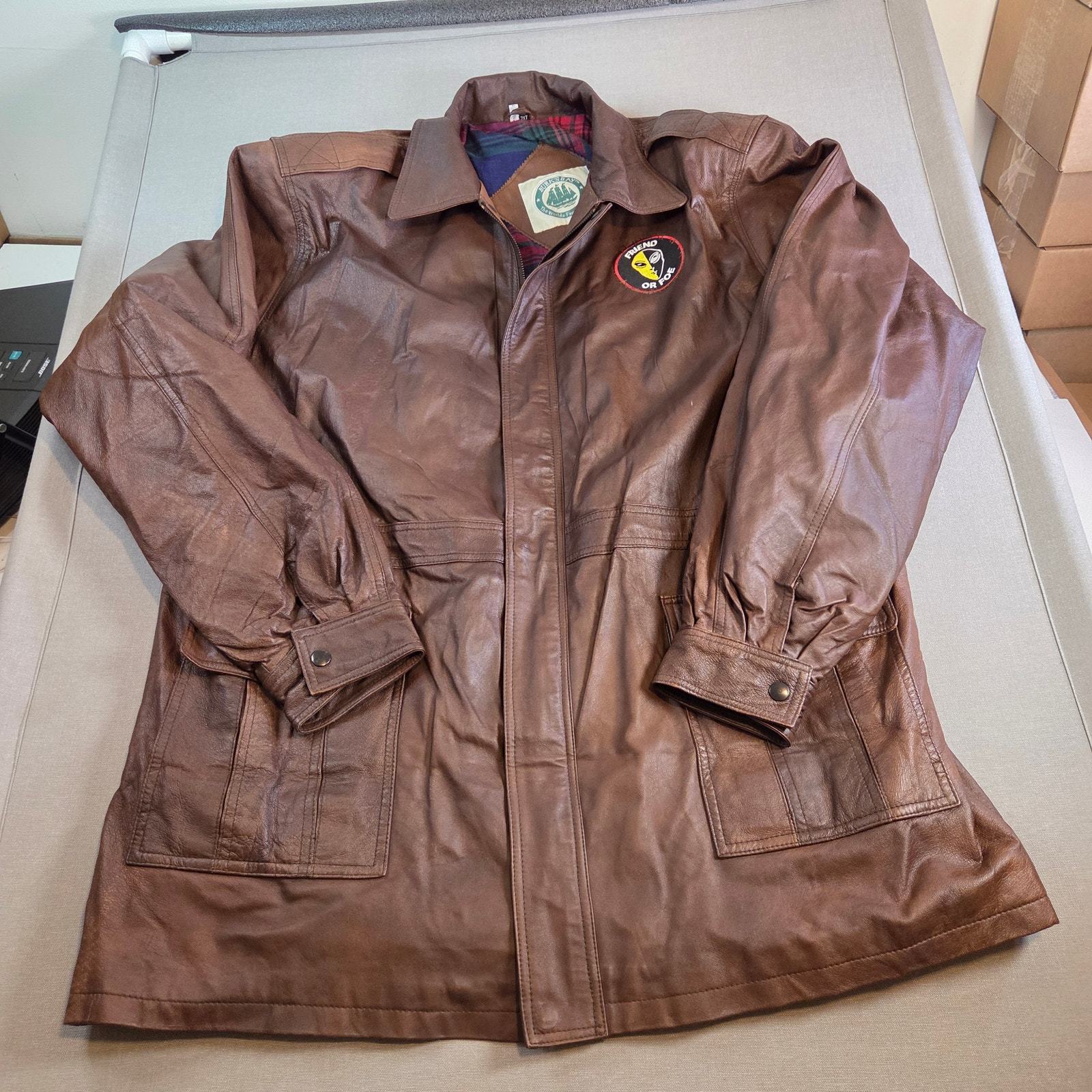 Burk’s Bay Brown Leather Car Coat Jacket 2XT Tall Plaid Lined Men’s Patch - $89.95