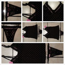Max+Eddie Womens Sexy Black Pink Polka Dot Lingerie Set G String 2 Pc Set Sz 6 - £9.30 GBP