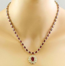30Ct Oval Cut Red Ruby &amp; Diamond 14K Yellow Gold Over 16&quot; Pendant Necklace - £239.75 GBP