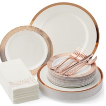 : 175 Pcs Rose Gold Plastic Plates For Party | Premium Disposable Dinnerware Set - £55.35 GBP