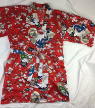 Red Rayon Geisha Cherry Blossom Short Kimono Robe Belted  Used - £18.49 GBP